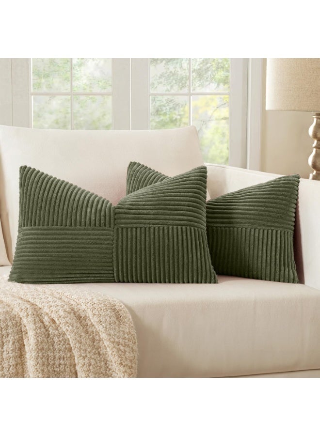 Arabest Set of 2 Boho Lumbar Accent Pillows Covers, Corduroy Textured Throw Pillow Covers with Cross Patchwork Design, Soft Spliced Decorative for Sofa, Bed & Reading Nook (Olive Green) - Image 1